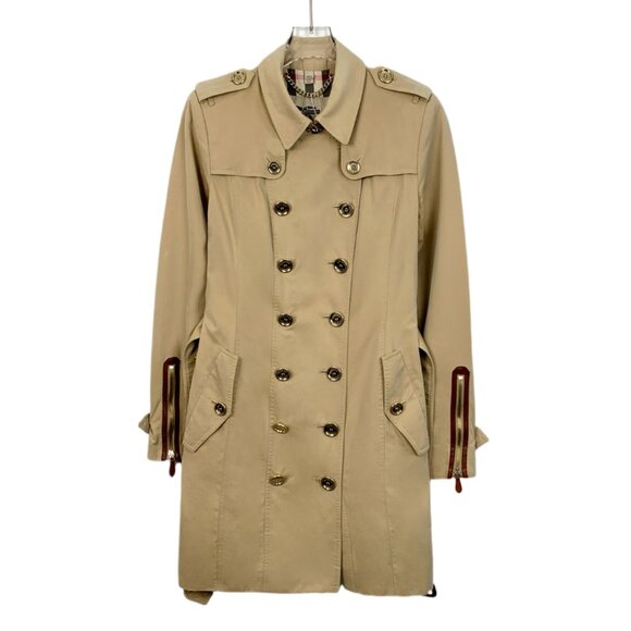 Burberry Brown Cotton Trench Coat with Leather-Trimmed Belt and Gold Buckles